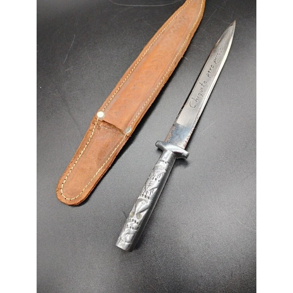 Vintage 9” Mexican Souvenir Dagger Aluminum Tribal Handle Engraved Blade Sheath